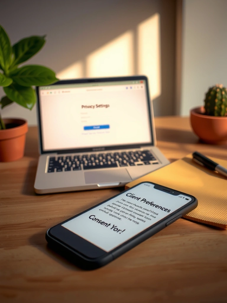 Radna površina nutricionista s laptopom i mobilnim uređajem prikazom postavki privatnosti